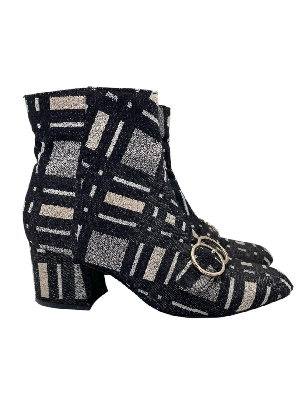 Bleecker & Bond Lacey Heeled Ankle Boots Women's Size 7 Metallic Plaid Fabric